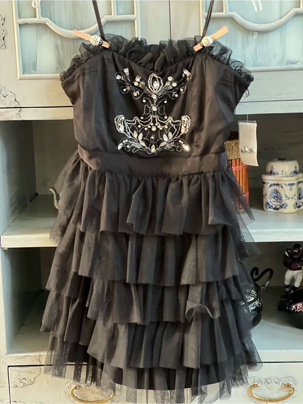 Black Tiered Tulle Party Dress with Beaded Bodice size 10 woman